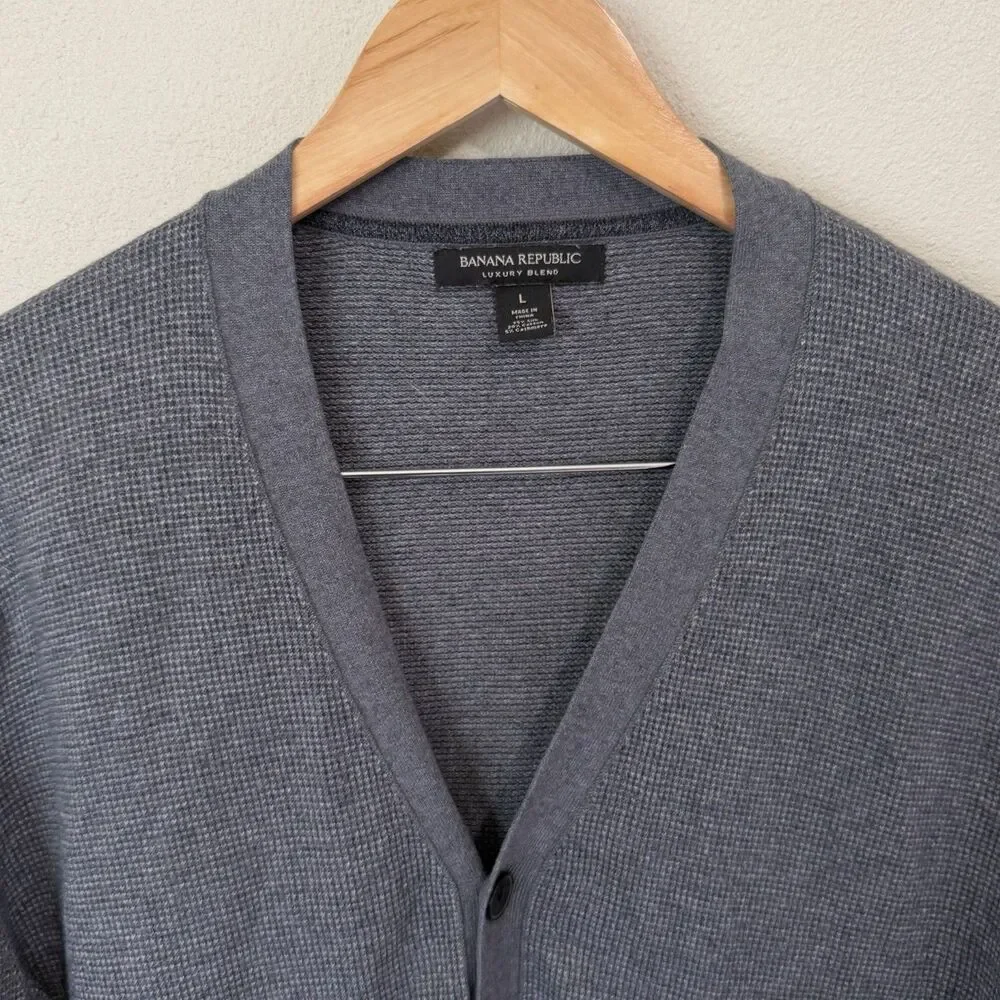 Banana Republic Luxury Blend Silk Cashmere Cardigan Sweater Mens L Grey V-Neck